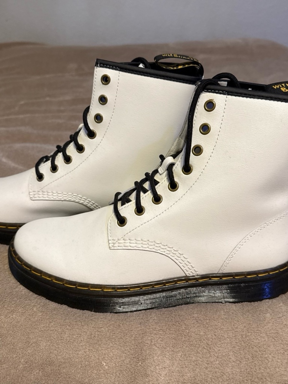 Dr. Martens White Leather Lace-Up Ankle Boots with Black Trim